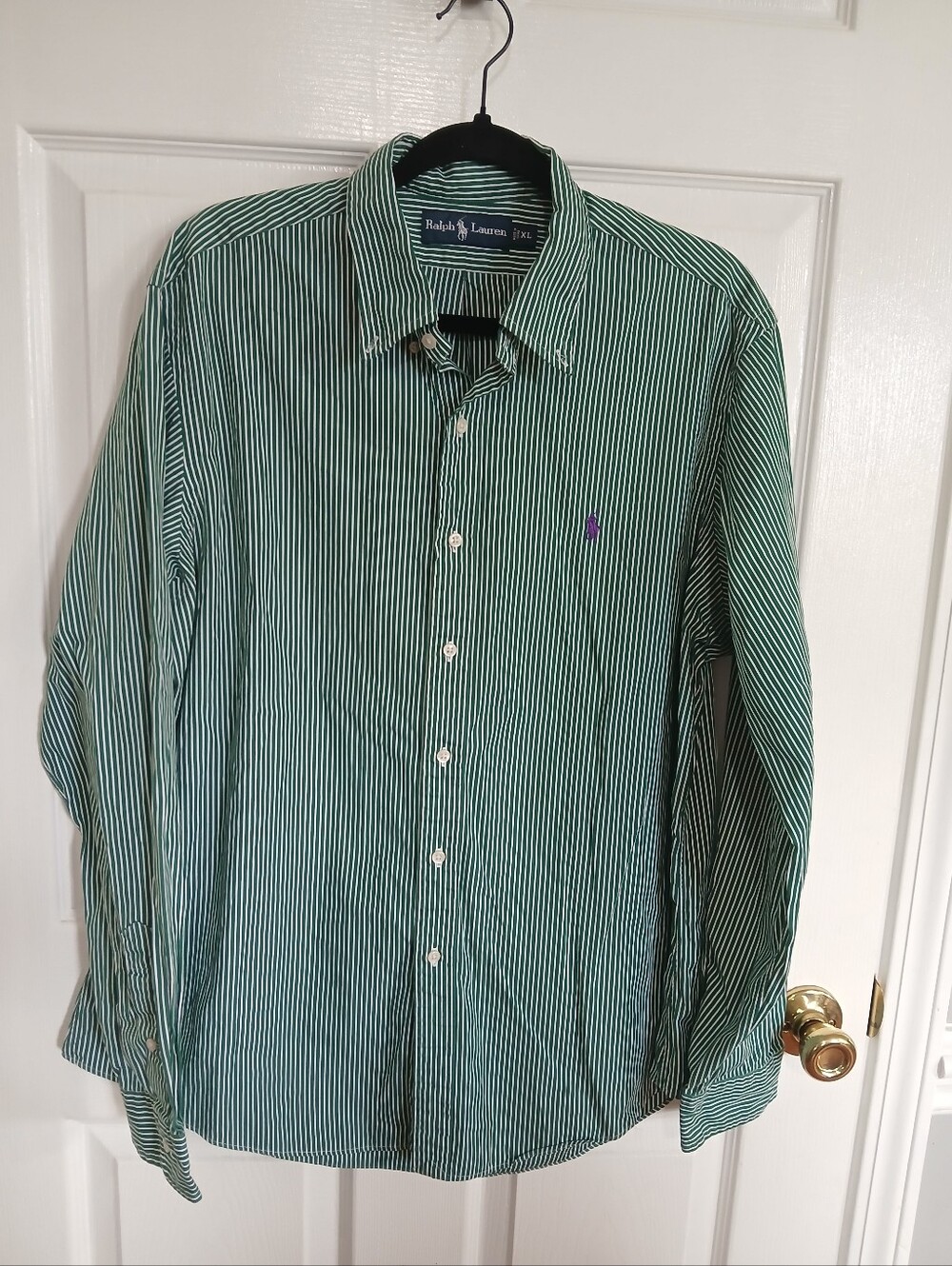 Ralph Lauren Green and White Striped Button-Down Shirt Casual Business Career